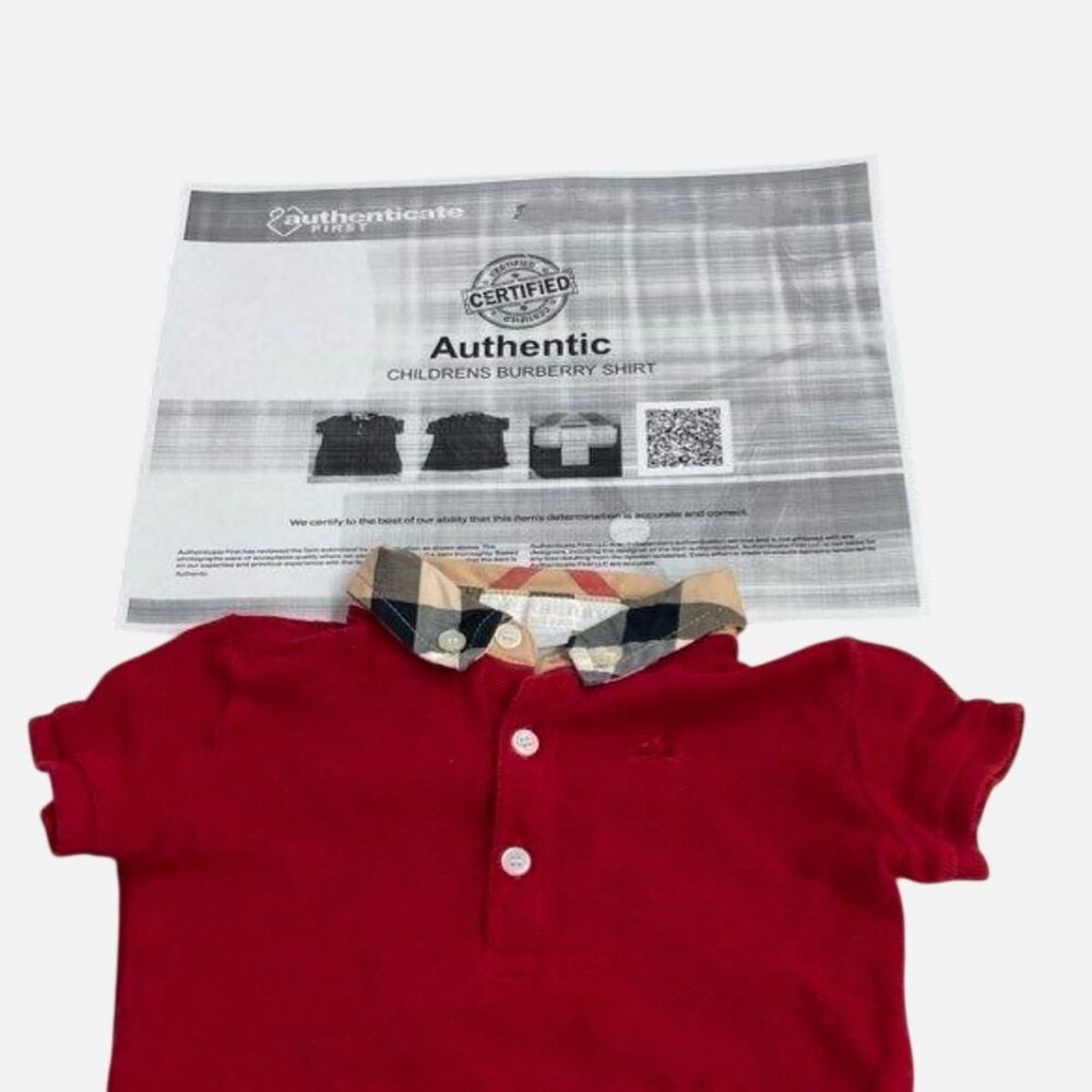 Authentic Burberry Baby Red Polo W Tan NovaCheck Collar Polo SS (9M/74cm) Unisex